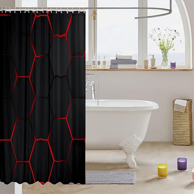 Feelyou Honeycomb Bath Curtain Honeycomb Modern Hexagon Theme Shower Curtain for Kids Geometrical Bathroom Shower Curtain Set Waterproof Beehive Black Red Decor Kids Bathroom Accessories 72"x72"