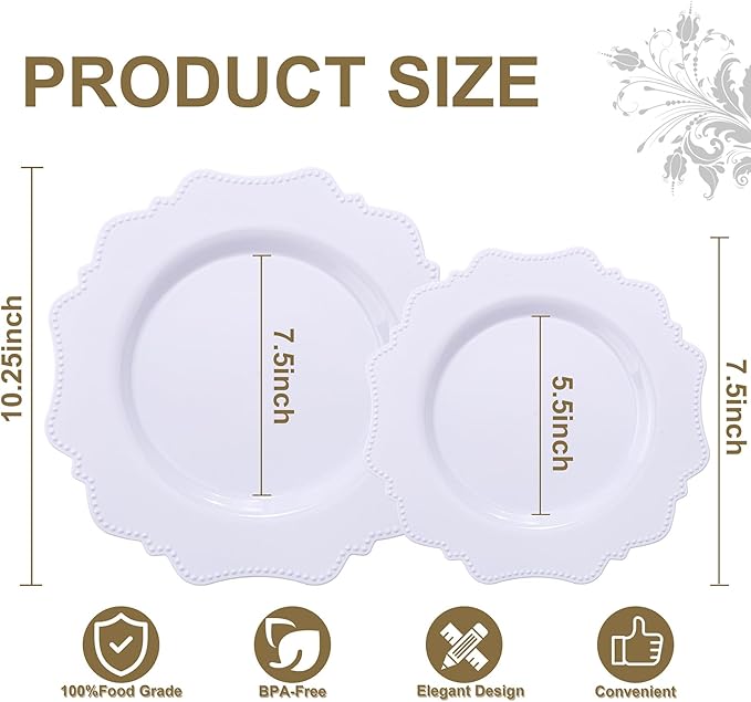 COLOSUS 60PCS White Plastic Plates-Fancy Plastic Beaded Plates,Plastic Premium Hard Plastic Plates for Party, Elegant White plates,Include10.5 Dinner plates & 8.25" Dessert plates for Mother's Day