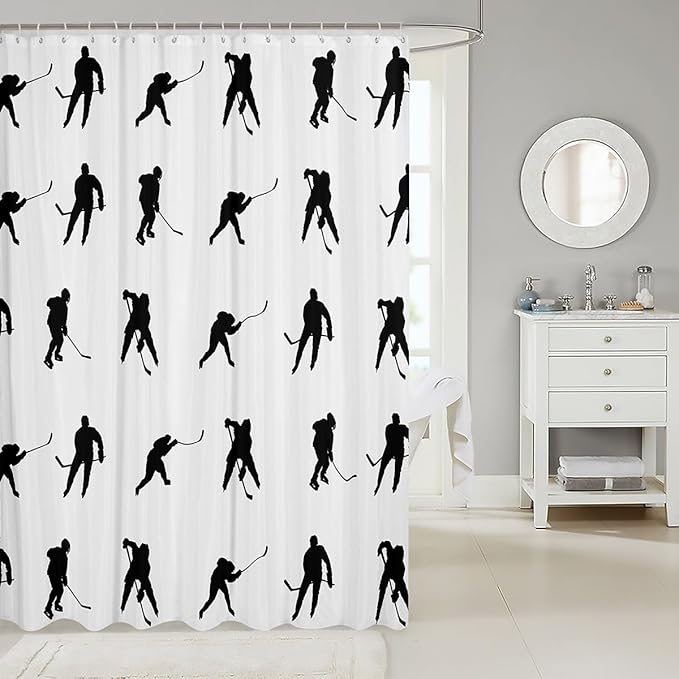Feelyou Ice Sports Games Bath Curtain Ice Hockey Shower Curtain for Kids Hockey Player Bathroom Shower Curtain Set Waterproof Puck Hockey Silhouette Style Decor Kids Bathroom Accessories 72"x78"