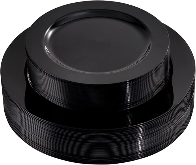 FLOWERCAT 60PCS Black Plastic Plates - Heavy Duty Black Disposable Plates for 30 guests Graduation Party/Wedding/Memorial Day - Include 30PCS 10.25inch Dinner Plates and 30PCS 7.5inch Dessert Plates