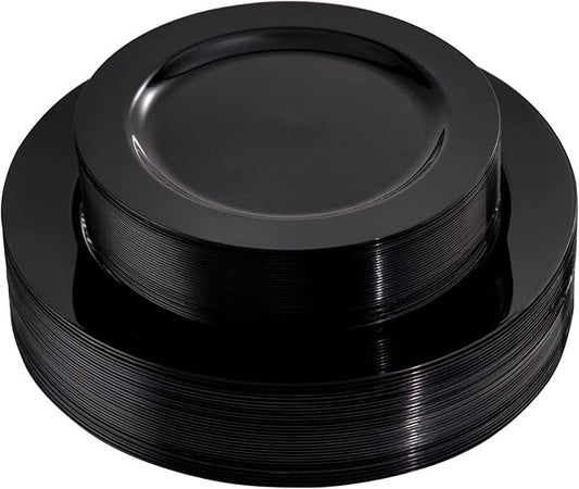FLOWERCAT 60PCS Black Plastic Plates - Heavy Duty Black Disposable Plates for 30 guests Graduation Party/Wedding/Memorial Day - Include 30PCS 10.25inch Dinner Plates and 30PCS 7.5inch Dessert Plates