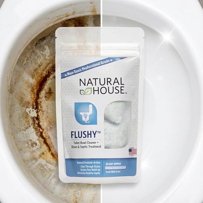 Natural House Flushy - Plant-Based Enzyme Foaming Toilet Bowl Cleaner - Removes Hard Water Stains, Calcium, Rust - Septic-Compatible, Plumbing-Friendly - Fresh Mint Scent - 20 Pack