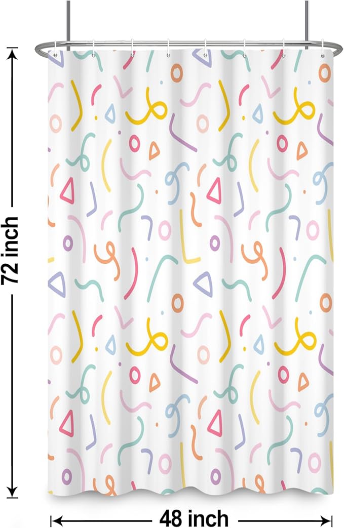 Cute Colorful Doodle Shower Curtains Playful Confetti Shower Curtain Decorative for Bathroom Pastel Waterproof Fabric Bathroom Decorations with Hooks 48x72 Inches