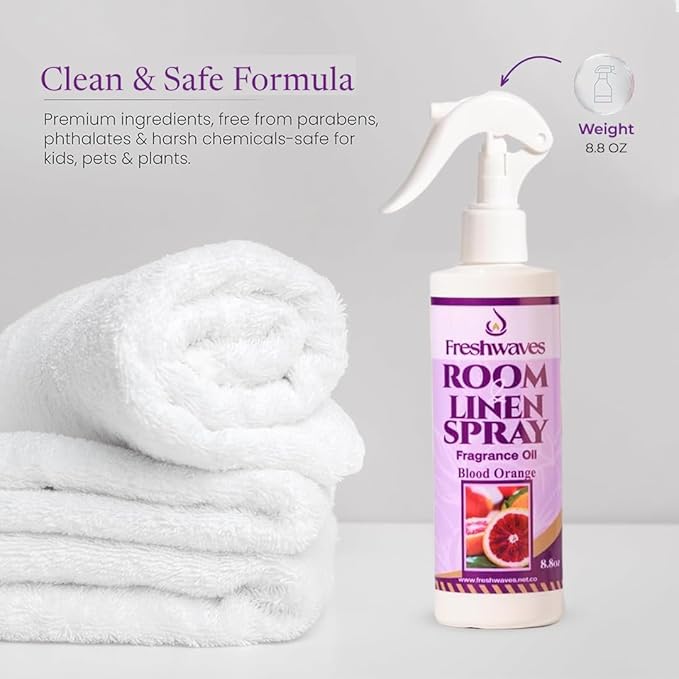 Freshwaves Room & Linen Spray | Blood Orange Fragrance Oil | 8.8oz Air Freshener | Odor Eliminator for Living Room, Bedroom, Bathroom & Office | White Bottle