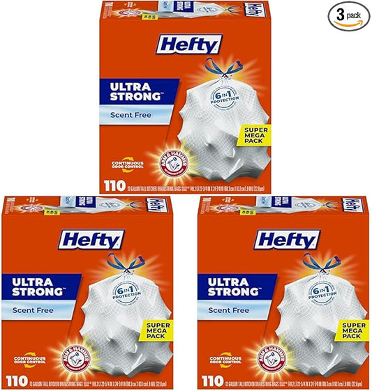 Hefty Ultra Strong 13 Gallon Trash Bags, Tall Kitchen Trash Bags 13 Gallon Size, Drawstring Closure, Continuous Odor Control, White, Unscented, 110-Bags (Pack of 3)