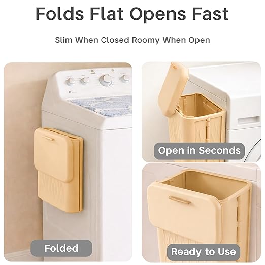 Magnetic Lint Bin for Laundry Room, Extra Large Foldable Lint Trash Can with Lid and Dryer Lint Brush, Wall Mounted Laundry Room Organization and Storage, Peach