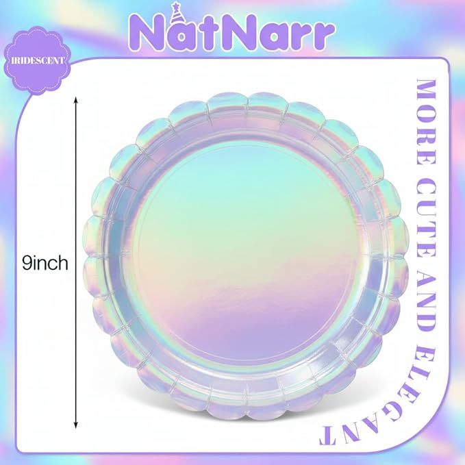 NatNarr 30 Pcs Iridescent Plates Disposable 9 Inch Scalloped Holographic Plates Sliver Birthday Cake Dessert Plate for 2026 Graduation, Mermaid, Disco, Unicorn Birthday