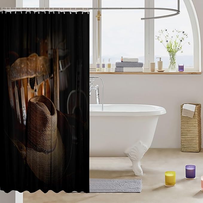 Western Cowboy Bathroom Shower Curtain Set Vintage Guitar Shower Curtain Country Western theme Bath Curtain for Stalls Bathtubs Retro Cowboy Style Waterproof Bathroom Curtains Room Decor 72x84 Inch