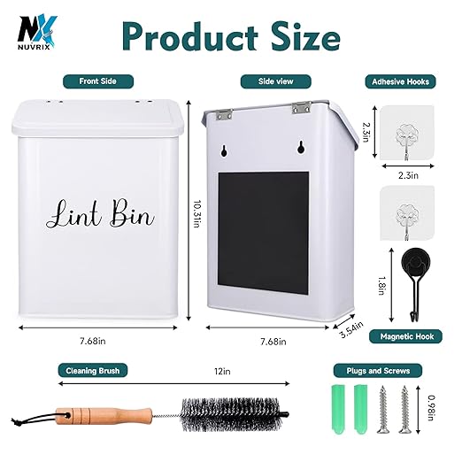 Magnetic Lint Bin for Laundry Room, Wall Mounted Metal Lint Box Holder Trash Can with Lid for Dryer, Lint Basket for Laundry Room Organization,Dryer Trash Can with Soft Lint Brush and Hooks