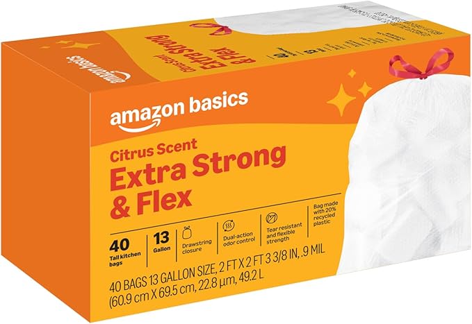 Amazon Basics Extra Strong & Flex Tall Kitchen Drawstring Trash Bags, Citrus Scent, 13 Gallon, 40 Count