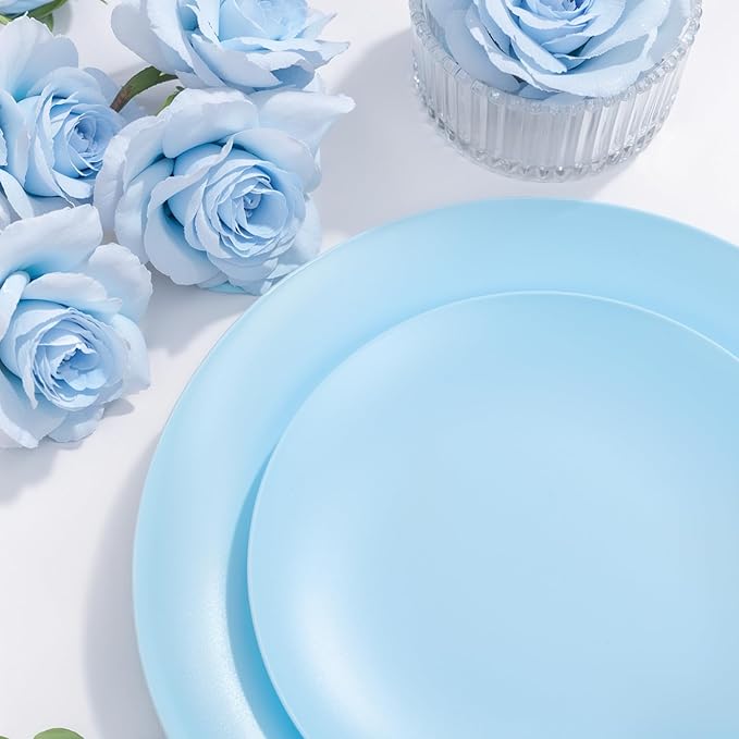 ejonirinjonir EI 150pcs Blue Plastic Plates Disposable Light Blue Baby Shower Plates Heavy Duty Dinnerware Set Plastic Silverware for Party,Wedding,Easter,Spring Afternoon Tea
