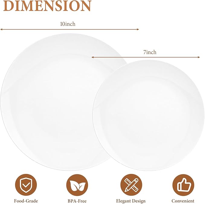 Lullaby 100PCS White Plastic Plates, Disposable White Plastic Plate, 50PCS Dessert Plates 7" and 50PCS Dinner Plates 10", Perfect for Party Wedding and Daily Use