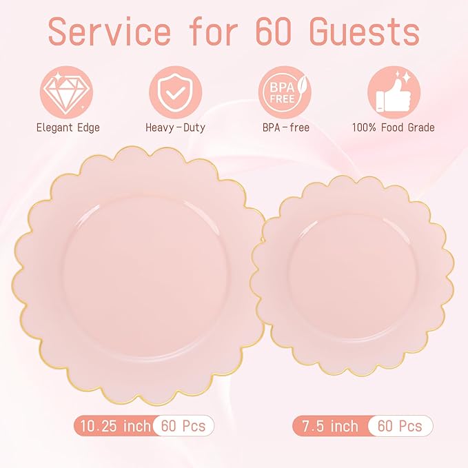LIYH 120 Pcs Pink Plastic Plates Disposable Set Includes 60 Dinner Plate 10.25" & 60 Dessert Plate 7.5" with Elegant Gold Rim for Party Birthday Baby Shower
