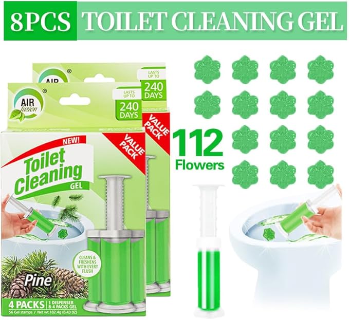 Toilet Cleaning Gel Pine Scent. Pack of 4 (6.43oz) with 56 Gel Stamps for Continuous Toilet Cleaning, Deodorizing & Fruity Freshness.