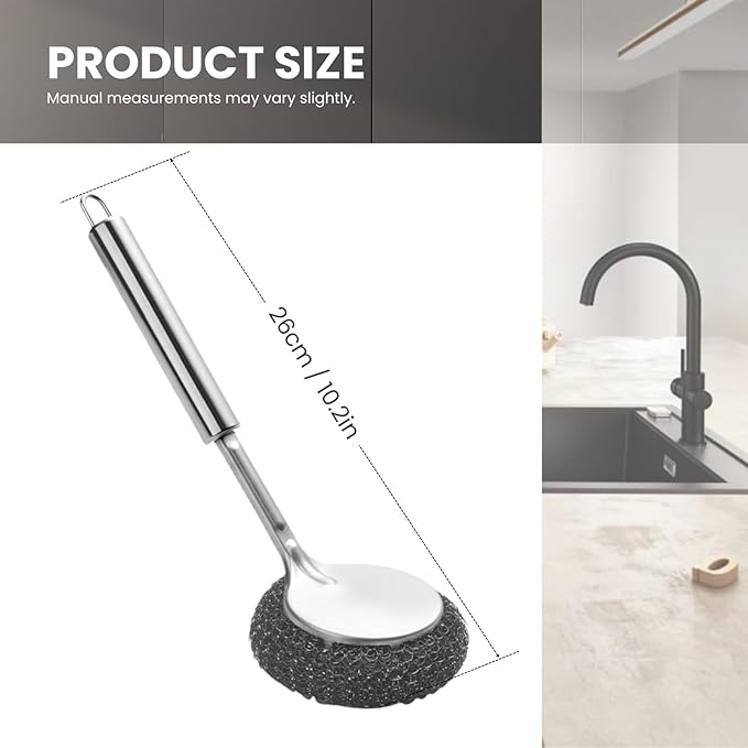 Long Handle Steel Wool Scrubber, Stainless Steel Pot & Pan Scrubber with Replaceable Scouring Ball, Heavy Duty Cast Iron Cleaner for Skillets, Griddles & Cookware (Silver / 2 Pack)