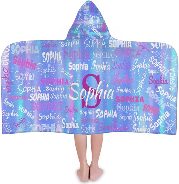 Personalized Hooded Towel Kids Beach Towels Name Custom Baby Toddlers Cotton Wrap Changing Robe for Shower Beach Trip Pool Bathrobe, Gradient Blue Color Romantic