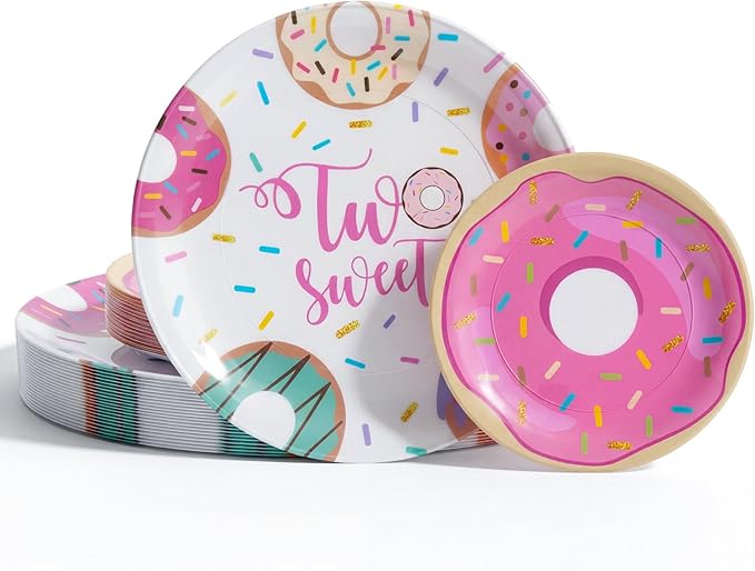 Liacere 32Pcs Donut Party Plastic Plates - Donut Birthday Party 7/10-Inch Dessert Plates Disposable Tableware Dinnerware for Two Sweet Girls' Birthday