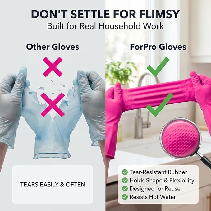 ForPro Natural Rubber Gloves, 6 Pairs Reusable Multi-Purpose Household Cleaning Gloves with Soft Inner Lining, Waterproof & Chemical-Resistant, Cotton Candy, Small