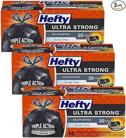 Hefty Ultra Strong Multipurpose Large Trash Bags, Black, Unscented, 30 Gallon (14 Count (Pack of 3))