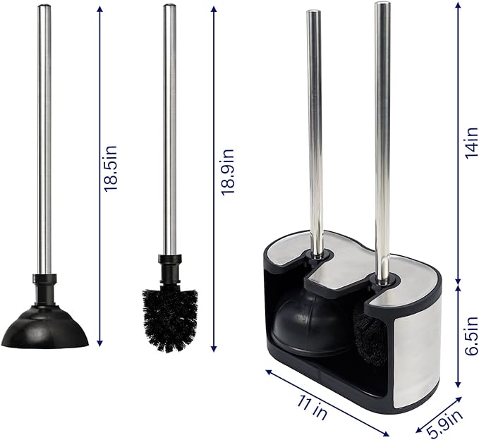 Casaphoria Stainless Steel Toilet Bowl Brush with Holder and Plunger Set, Freestanding Canister for Bathroom, 2 in 1 Hideaway Holder Heavy Duty Unclogger Plunger