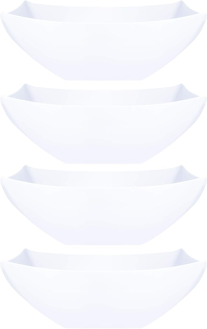 PLASTICPRO Disposable Square Serving Bowls, Party Snack or Salad Bowl, Plastic Clear or White Pack of 4 (16 OUNCE, White)