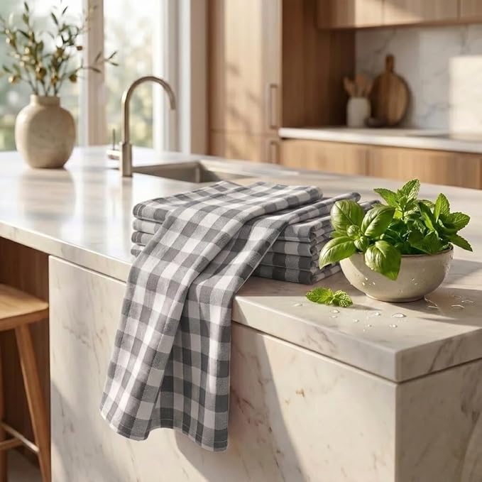Urban Villa Kitchen Towels Set of 6 Buffalo Checks Grey/White Kitchen Towels 20X30 Inches 100% Cotton Highly Absorbent Kitchen Towels Premium Quality Ultra Soft Mitered Corners KitchenTowels