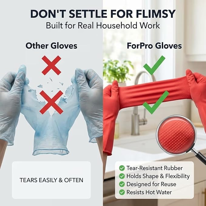 ForPro Natural Rubber Gloves, 6 Pairs Reusable Multi-Purpose Household Cleaning Gloves with Soft Inner Lining, Waterproof & Chemical-Resistant, Wild Cherry, Small