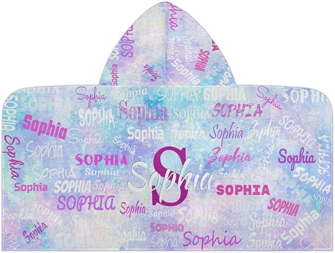 Personalized Hooded Bath Towels with Name, Custom Beach Towels for Kids Cotton Soft Swim Towels Camping Towels Toddler Beach Towels, Light Blue Galaxy Watercolor