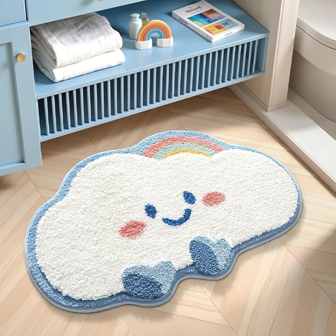 Playtime Cozy Cute Smile Face Cloud Shaped Bedroom Bathroom Doorway Kitchen Floor Rug Carpet Water Absorption Non-Slip mat for Kid's Room (Blue, 15.74x23.62 inch)