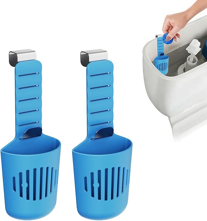 Adjustable Toilet Tank Tablet Holder, Hanging Controlled Release Bleach Tablet Dispenser, Large Silicone Basket Carrier with Rustproof Hooks for Toilet Tank, Fit Up to 7" Water Level,2pcs blu