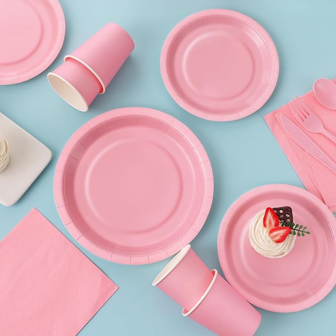 168PCS Light Pink Paper Plates and Napkins,Pink Disposable Plates Set with Utensils Serve 24 Guests for Baby Shower Graduation Valentines Day Party Decorations Party Supplies