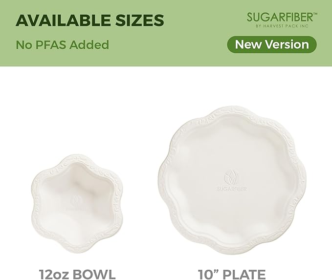 12oz Compostable Bowls[400 Pack] - Disposable Paper Dessert Bowls, White Scalloped Floral Ice Cream Bowls, Eco Friendly Biodegradable Bagasse Party Bowls, Plastic-Free Bulk Bowls, New Version