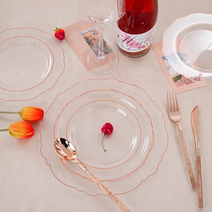 Liacere 150PCS Rose Gold Plastic Plates - Clear Rose Gold Disposable Plates with Glitter Bamboo Handle Cutlery - 60 Baroque Elegant Plates, 30 Forks, 30 Spoons, 30 Knives for Wedding ＆ Party