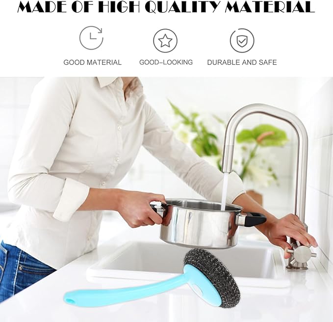 Kitchen Pot Scrubber with Handle and 8 Stainless Steel Wire Balls Dish Cleaning Brush for Pots Pans Sinks 9.64X3.14X2.55In