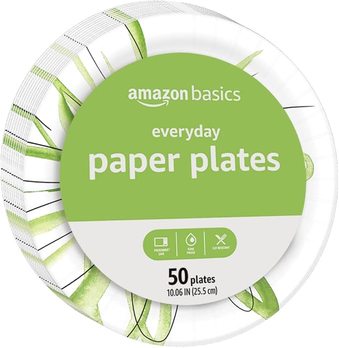Amazon Basics Everyday Disposable Paper Plates, 10 Inch, Microwave-Safe, Cut Resistant, Soak-Proof, 50 Count