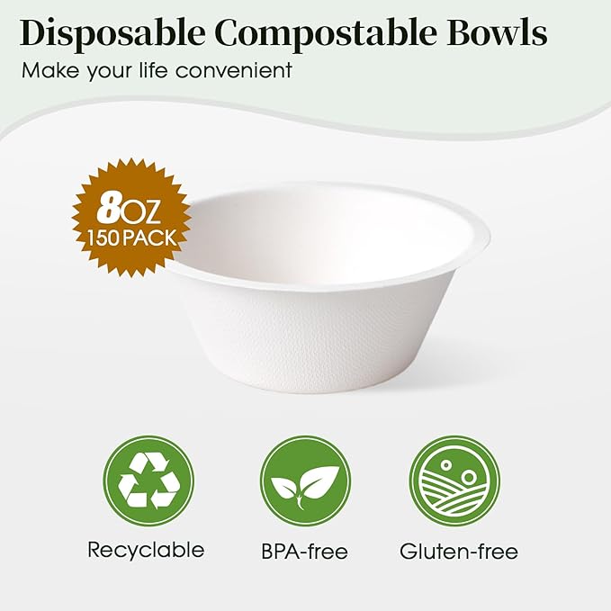 ECOLipak 150 Pack Compostable Paper Bowls, 8 oz Heavy-Duty Disposable Biodegradable Soup Bowls Made of Natural Bagasse, Suitable for Ice Cream, Salad, Dessert, Milk, Cereals