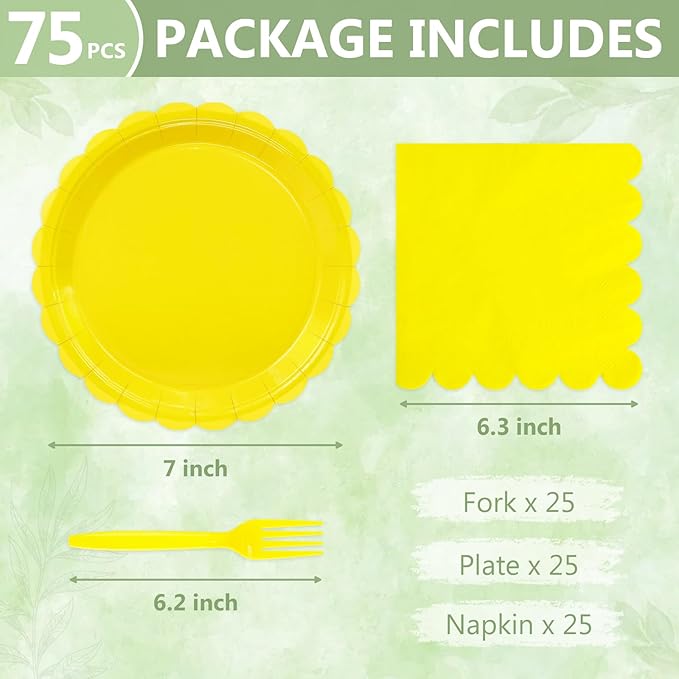 Mulbozy 75 Yellow Plates and Napkins Disposable Set Includes 25 Dessert Cake Scalloped Plates, Cocktail Napkins & Forks, for Fork 25 Guests Holiday Party Supplies.