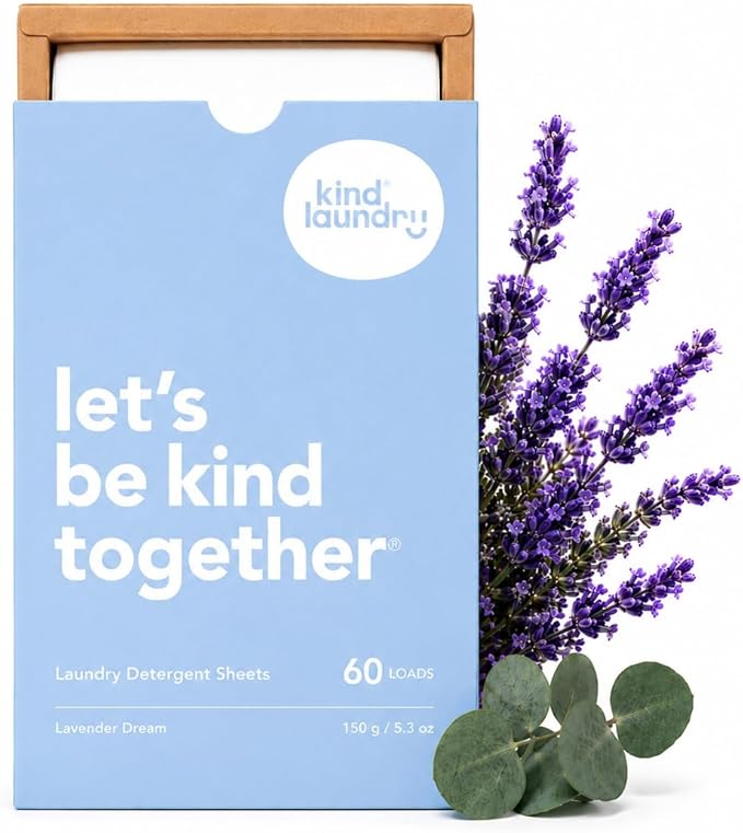 Kind Laundry Detergent Sheets – 60 Loads Lavender Dream, EWG Verified, No Residue After Wash, Eco Plastic-Free Liquidless Laundry Soap, Non-Toxic Formula, for Sensitive Skin, Travel & Dorm Friendly