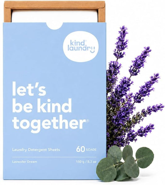 Kind Laundry Detergent Sheets – 60 Loads Lavender Dream, EWG Verified, No Residue After Wash, Eco Plastic-Free Liquidless Laundry Soap, Non-Toxic Formula, for Sensitive Skin, Travel & Dorm Friendly