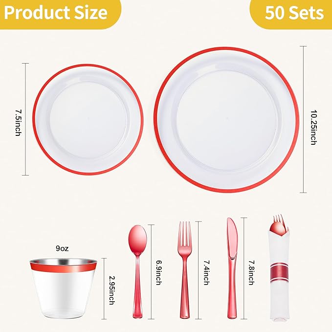 Goodluck 350 Piece Red Plastic Dinnerware Set for Party, Clear Disposable Plates for 50 Guests, Includes 100 Plates, 50 Pre Rolled Napkins with Cutlery Set, 50 Cups for Graduation, Wedding, Christmas