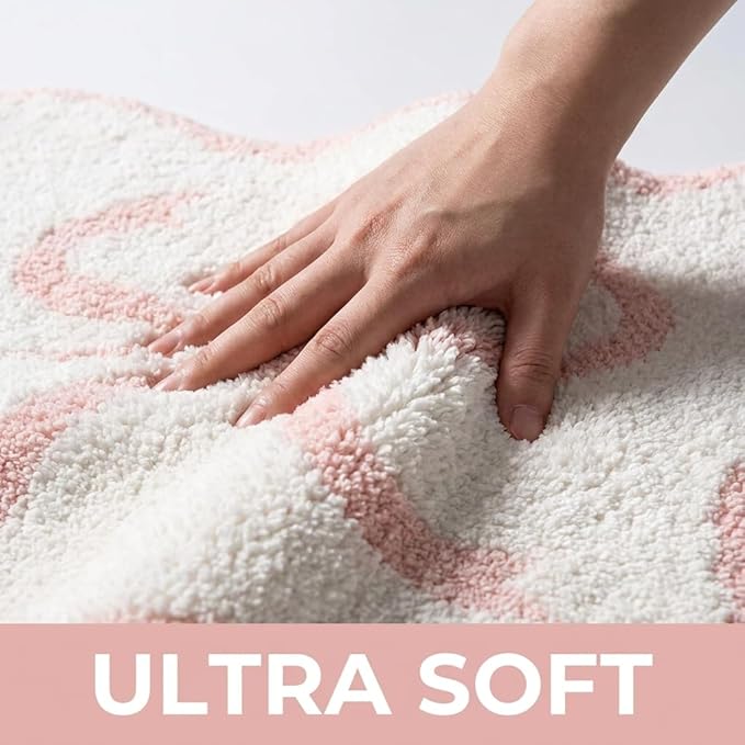 Pink Scalloped U-Shaped Toilet Mat 20x24, Cute Luxury Plush Bath Rug, Soft Absorbent Non-Slip Microfiber Floor Mat for Bathroom Decor and Toilet Base, Machine Washable