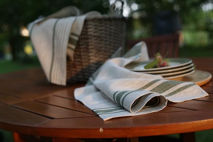 Pure Linen Kitchen Tea Towels - 100% Flax Linen Dish Towels 17 x 27 inch with Olive Green French Country Stripes - Flax Hand Towels - Set of 2