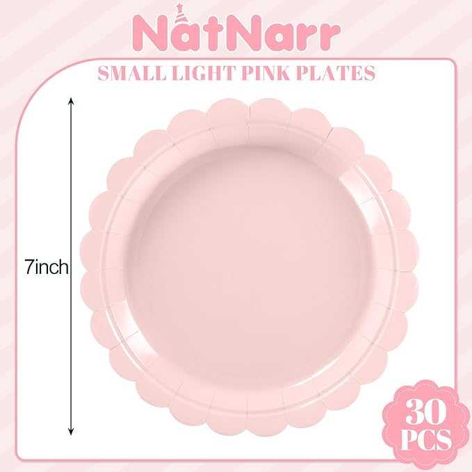 NatNarr 30 Pcs Pink Paper Plates, 7 Inch Scalloped Pink Dessert Cake Plates Cute Small Birthday Appetizer Party Plate for Girls Birthday, Wedding, Bridal Baby Shower