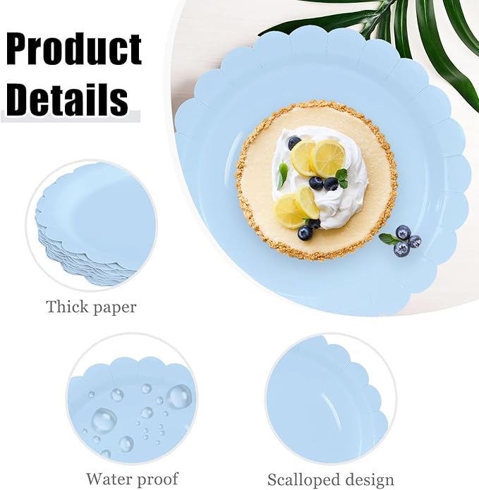 HEIPINIUYE 25 Pieces Light Blue Paper Plates 7 Inch Baby Blue Scalloped Plates Disposable Dinner Plate for Wedding Baby Shower Birthday Party Dessert Plate