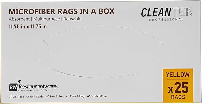 Restaurantware-Clean Tek Professional 11.81 x 11.81 Inch Microfiber Rags In a Box, 25 Absorbent Cleaning Cloths - No-Scratch, Yellow Microfiber Reusable Edgeless Cleaning Towels, Leaves No Streak