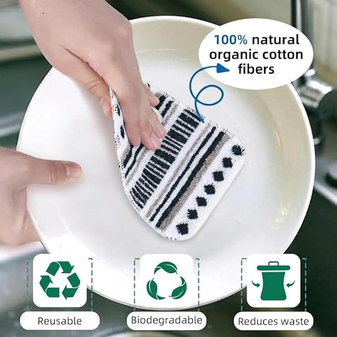 Amarelle GEN II Dish Washing Scrubbers (5-Pack), Made in Green Kitchen Scrubbers for Dishes, Non Scratch Pot & Pan Scrubber, Heavy Duty GOTS Organic Cotton Scouring Pads, Reusable (Metro Sketch)
