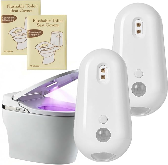 Self Cleaning UV Toilet Sanitizer and Night Light, Self Cleaning UVtoilet Light, Motion-Activated, USB Rechargeable, Adhesive-Mounted for Shared Bathrooms, for Elderly & Pet (2 PC)
