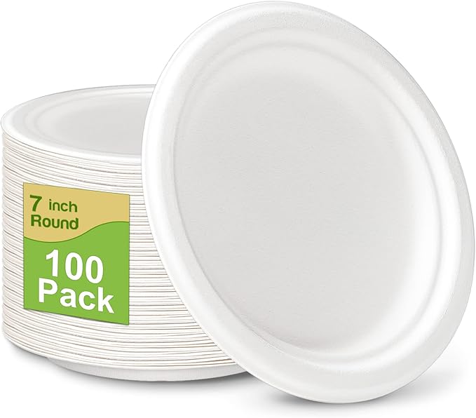 Small Paper Plates 100 Pack, 7 inch Paper Plates Disposable, 100% Compostable Eco Friendly Plates, Small Dessert Plates White Paper Plates Bulk