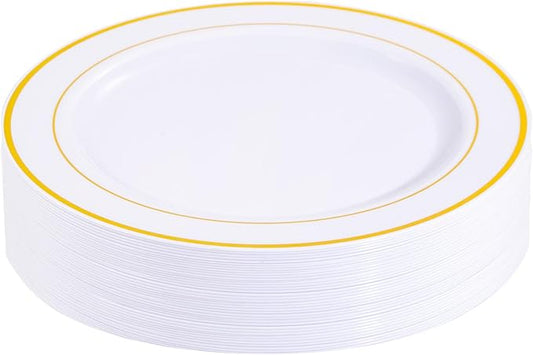 bUCLA 30PCS White and Gold Plastic Dinner Plates Disposable - 10.25inch Premium White Gold Rim Plates, Ideal for Wedding & Party