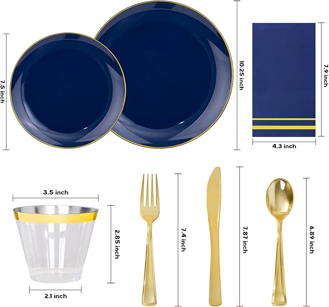 NOCCUR 350PCS Navy Blue Plastic Plates - Blue Disposable Dinnerware Set for 50 Guests, 100 Dinner/Dessert Plates, 150 Gold Silverware, 50 Cups&50 Napkins for Party/Wedding/Graduation/Memorial Day